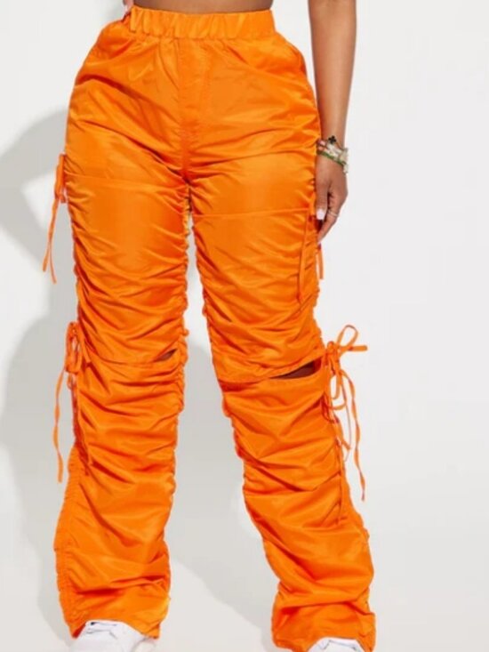 Fashion Nova Pants - It's Settled Nylon Stacked Pant - Orange